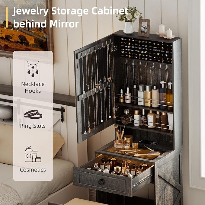 Makeup Vanity Desk with Mirror and Lights,Small Vanity Desk Set with Charging Station & Glass Top,Compact Dressing Table with Jewelry Cabinet & Storage Wheel Stool for Bedroom, Rustic Brown