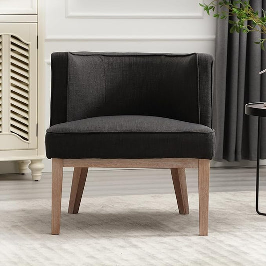 Comfy Barrel Chair Mid Century Modern Accent Chair with Solid Wood Leg Upholstered Reading Chairs Linen Fabric Waiting Room Round Side Chairs for Living Room Bedroom Office, Charcoal