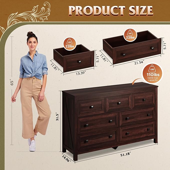 WLIVE Farmhouse Dresser for Bedroom, 51.18'' Wide 7 Drawer Wood Dresser, TV Stand for 65 inch TV, Wooden Chest of Drawers for Bedroom, Modern Clothes Organizer for Living Room, Hallway, Rustic Brown