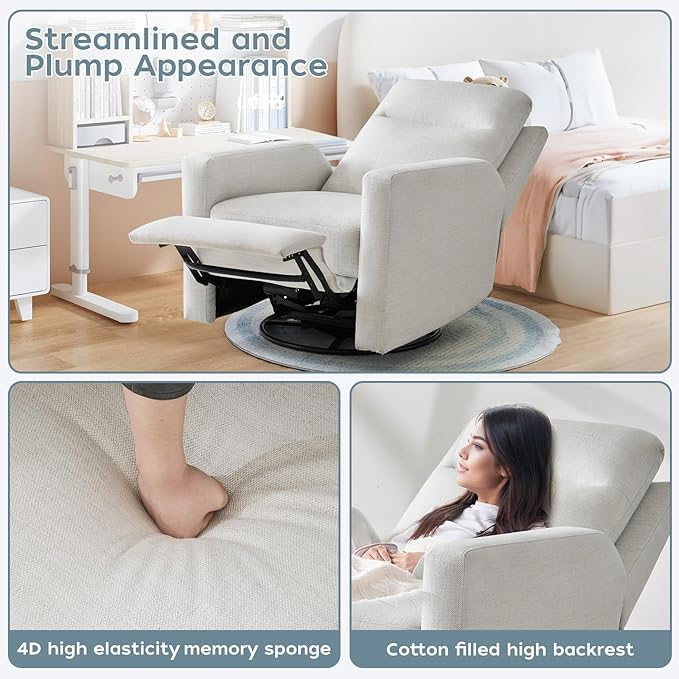 Power Nursery Rocking Chairs, 270° Oversized Swivel Rocker Recliner w/USB & Type-C Charging Port, Rotating Rocking Reclining Nursing Chair for Breastfeeding, Living Room,Bedroom,Beige