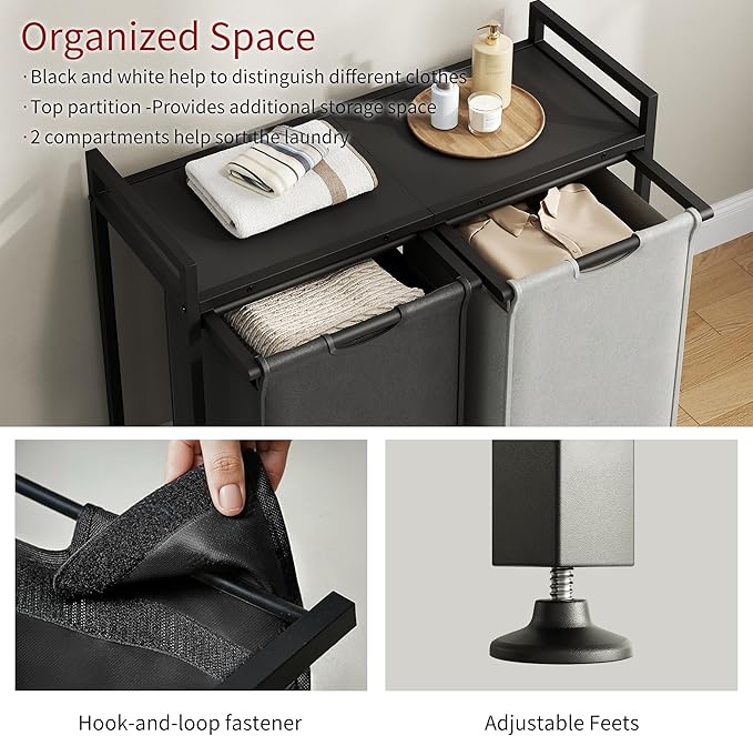 Laundry Hamper with Shelf, Laundry Basket 2 Section, Laundry Sorter with Pull-Out Removable Large 2 Color Bags and Movable, Metal Frame, 2 x 15.87 Gallons (60L), Black PF06XLK