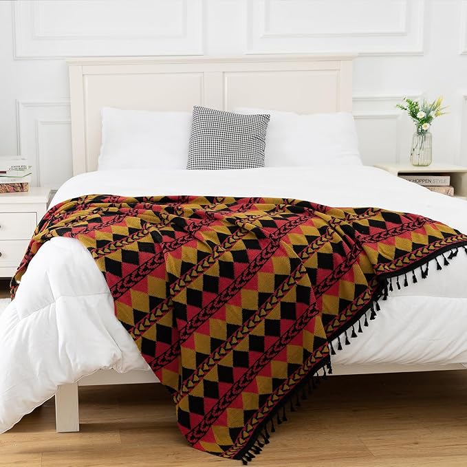 Gealaek Boho Throw Blanket Lightweight Soft Cozy Decorative Blankets for Sofa Bed Farmhouse Throw Blanket Aztec Blanket with Tassel Black Red Mustard Checkered 50" x 60"