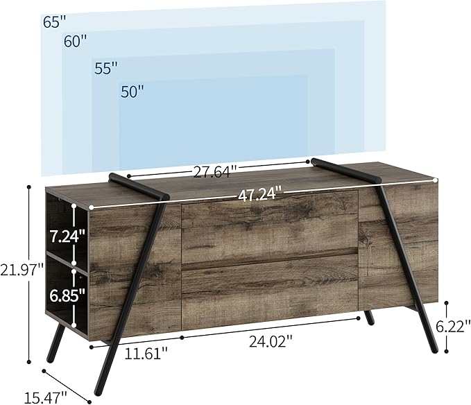 GarveeHome TV Stand for 47 Inch TV, Entertainment Center with Adjustable Shelf, 2 Drawers, TV Console Table, Media Console, U-Shaped Metal Legs, for Living Room, Bedroom, Oak