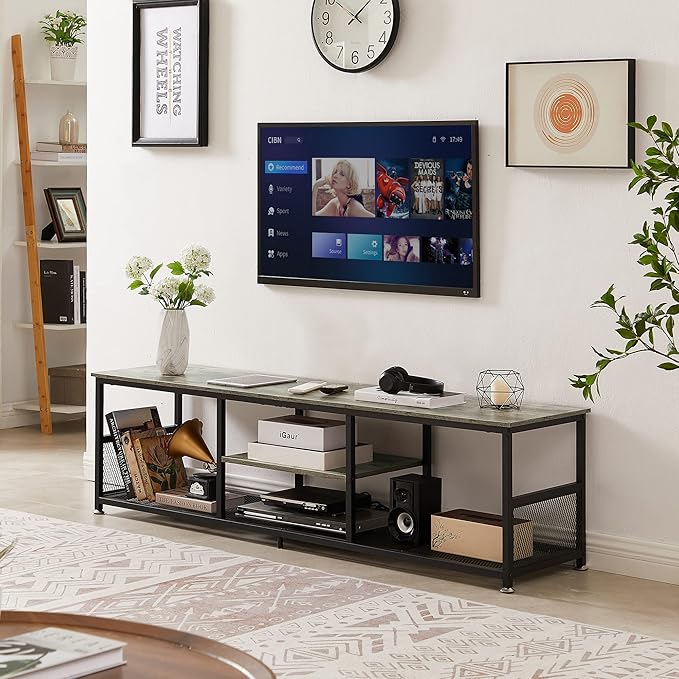 VECELO TV Stand for Televisions up to 80 Inch 70" Entertainment Center with Open Storage Shelves for Living Room/Bedroom, 3 Tiers Media Console Table Frame, 70 Inches, Grey +Metal