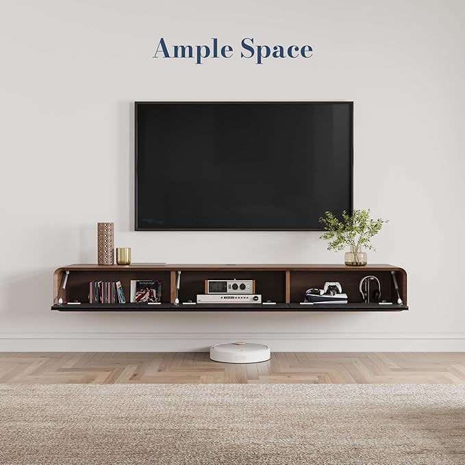 POVISON Fully Assembled Floating TV Stand, 63 inch Modern TV Stand with 3 Flip-Down Cabinet Doors, Solid Wood Floating Entertainment Center, Wall Mounted Media Console for Living Room