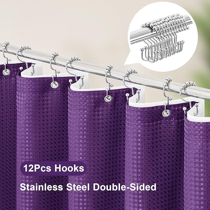 3 in 1 Shower Curtain Set, Purple Waffle Shower Curtain and PEVA Liner Set with 12 Stainless Steel Shower Curtain Hooks, Waterproof Fabric Shower Curtains for Bathroom, 72 W x 72 H