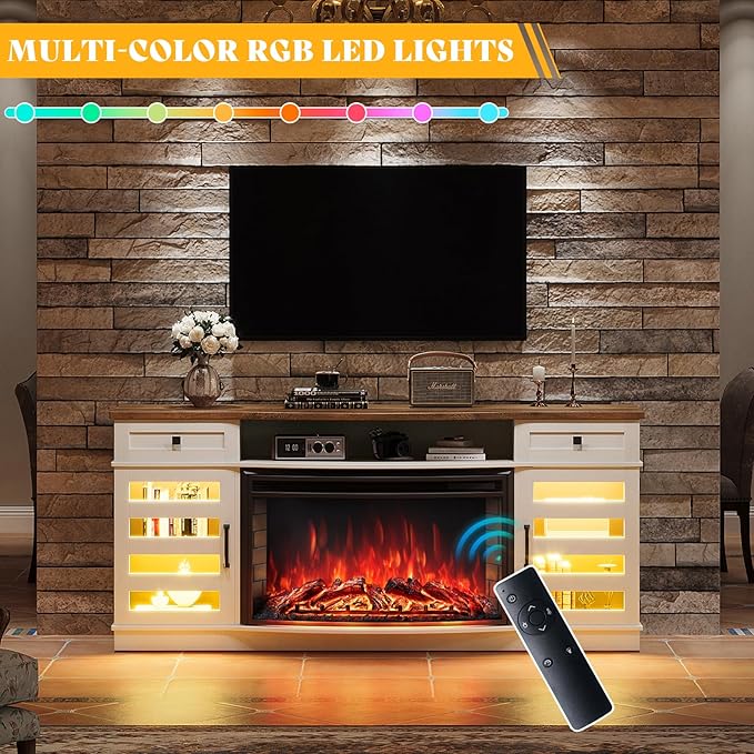 70" Farmhouse Curved Fireplace TV Stand, LED Light Entertainment Center Table with 36'' Upgrade Electric Fireplace TV Console Cabinet for TVs Up to 80", Antique White Barnwood