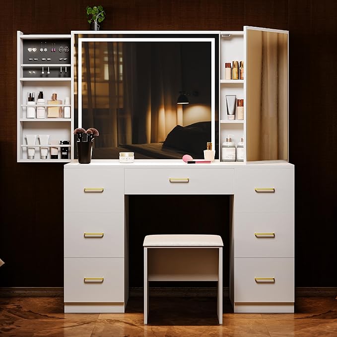 Vanity Set with Lighted Mirror, Makeup Vanity Table with 7 Drawers & Cushioned Stool, Dressing Table with Sliding Cabinet, Vanity Desk with Hidden Storage Shelves & Jewelry Rack, for Bedroom