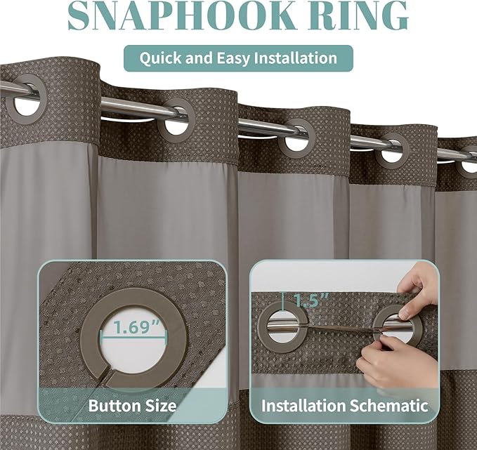 Brown Long No Hook Waffle Weave Shower Curtain with snap-in Liner Replacement, 230GSM Waterproof Fabric Hotel Shower Curtain Set for Bathroom, Through Mesh Top Window,71Wx80H