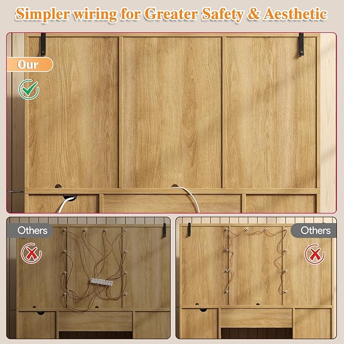 47'' W Large Vanity Desk with Mirror and Lights, 8 Storage Shelves 7 Drawers Vanity Table, Big Makeup Vanity Desk with 3 Lighting Modes, Vanity Dresser with Charging Station, Sliding Mirror (Natural)