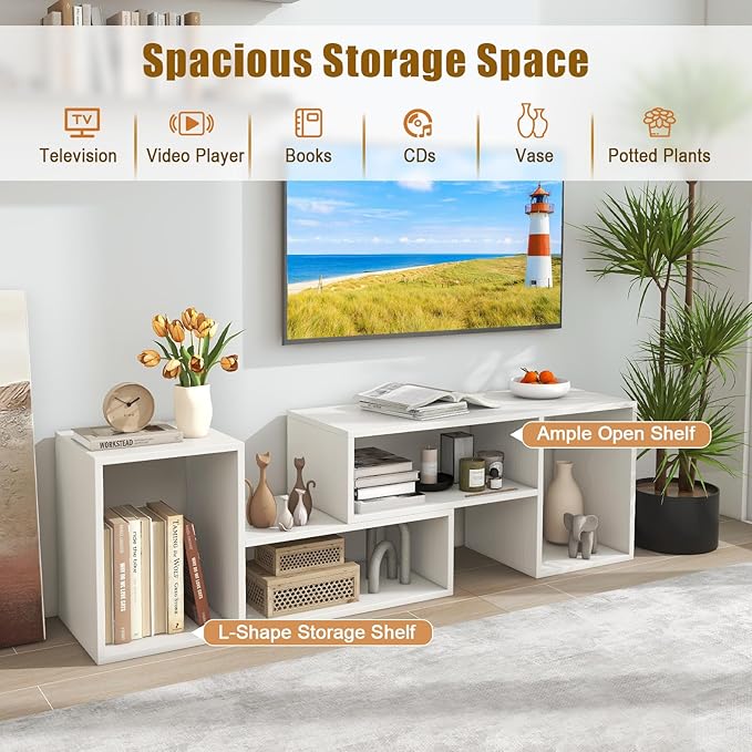 GOFLAME 2 Pieces TV Stand, Modern Entertainment Center for TVs up to 55 Inches, Free Combination Bookcase for Storage & Display, TV Console Table for Living Room, Bedroom, White