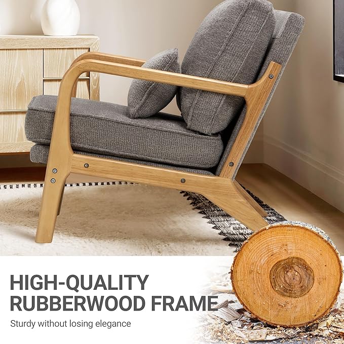 COLAMY Mid Century Modern Accent Chair with Lumbar Pillow, Relaxing Armchair with Solid Wood Frame & Soft Cushion, Reading Leisure Chair for Living Room,Bedroom,Waiting Room（Grey）