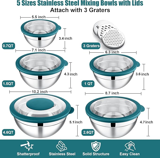 E-far Mixing Bowls Set of 5, Stainless Steel Salad Mixing Bowl with Transparent Lid, Metal Nesting Bowl Attach with 3 Graters for Kitchen Prepping/Serving/Baking/Storage, 4.6/2.6/1.5/1/0.7 QT - Blue