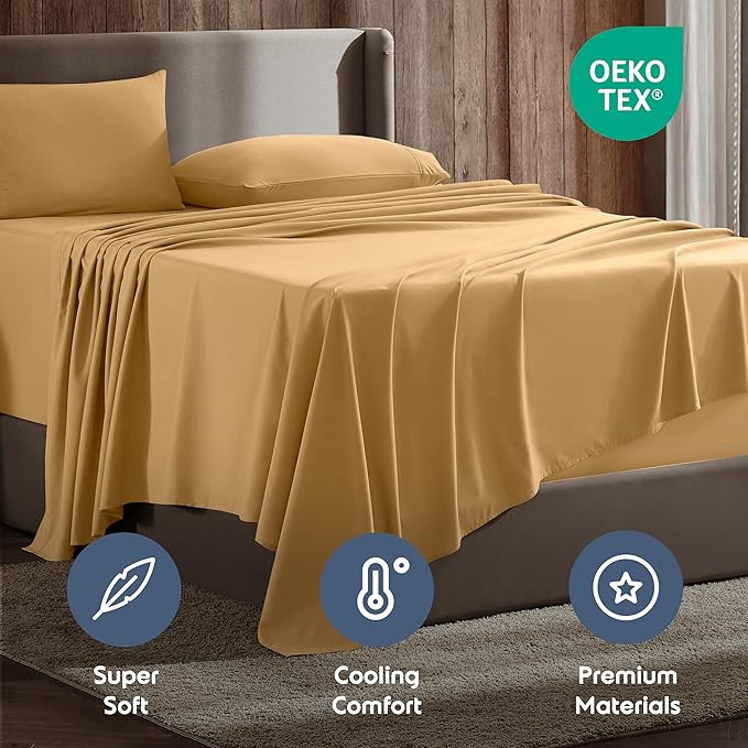 Nestl King Sheet Set - Luxury 1800 Ultra-Soft Microfiber King Bed Sheets - Double Brushed - Deep Pockets - Easy Fit - 4 Piece Set - Bedding Sheets & Pillowcases (King, Camel Gold)