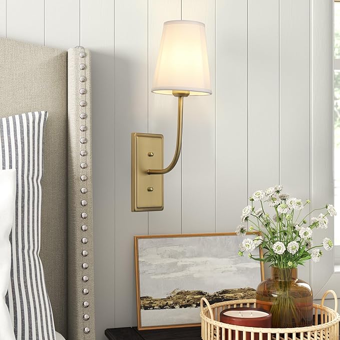 Vintage Brass Wall Sconce 1-Light, White Fabric Shade Wall Lamp Hardwired Indoor Wall Light for Bedroom Living Room Vanity Bathroom