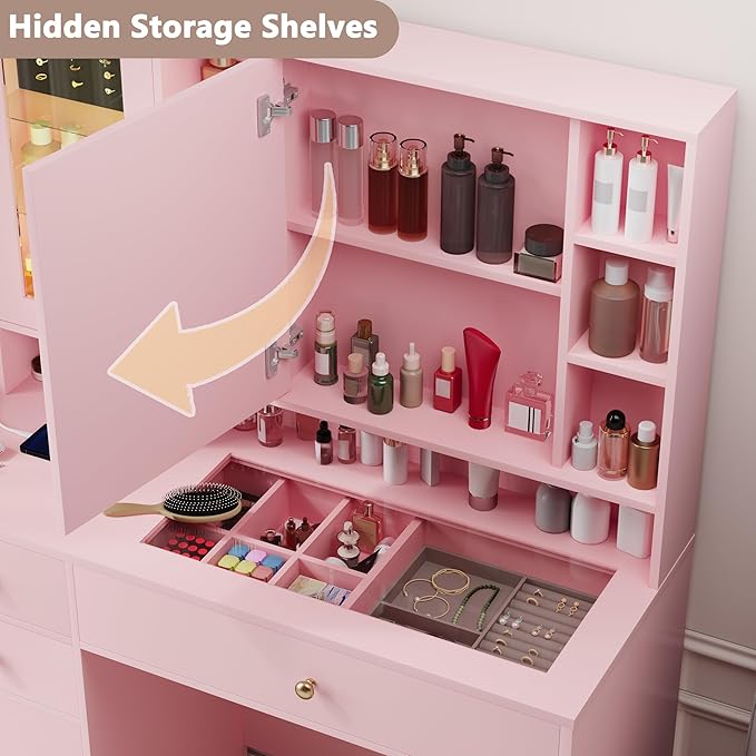 Makeup Vanity Desk with Mirror and Lights, Pink Vanity with Glass Top, Jewelry Storage, Power Outlets, 3 Drawers & 2 Cabinets, Adjustable LED Lighting, Dressing Table for Women & Girls Bedroom