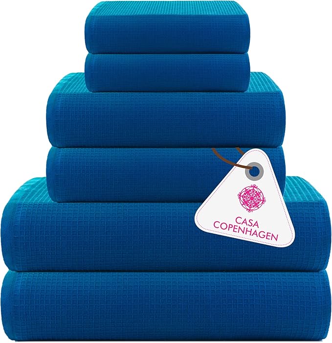 CASA COPENHAGEN Waffle Towel, 6Pieces 100% Cotton Large Towel Set- Electric Blue, 2Bath 2Hand 2Washcloths Instant Absorb and Dry, Soft Strong Towels for Hotel Spa Kitchen Bathroom & Shower