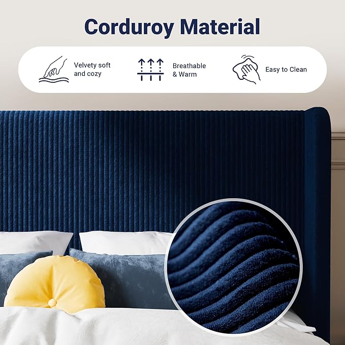 Allewie Queen Size Bed Frame with Upholstered Wingback Headboard, Vertical Channel Tufted Corduroy Velvet Platform Bed, Strong Wooden Slats Support, No Box Spring Needed, Easy Assembly, Dark Blue