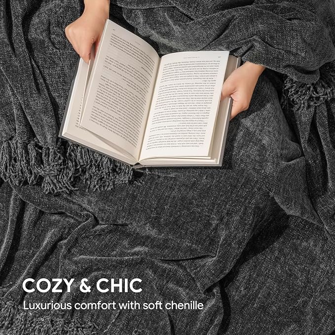 RECYCO Throw Blanket Soft Cozy Chenille Throw Blanket with Fringe Tassel for Couch Sofa Chair Bed Living Room Gift (Dark Gray, 50" x 60")