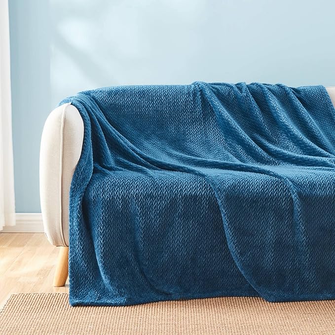 NEWCOSPLAY Super Soft Queen Blanket Navy Blue Premium Silky Flannel Fleece Leaves Pattern Lightweight Bed Blanket All Season Use (Navy Blue, Queen(90"x90"))