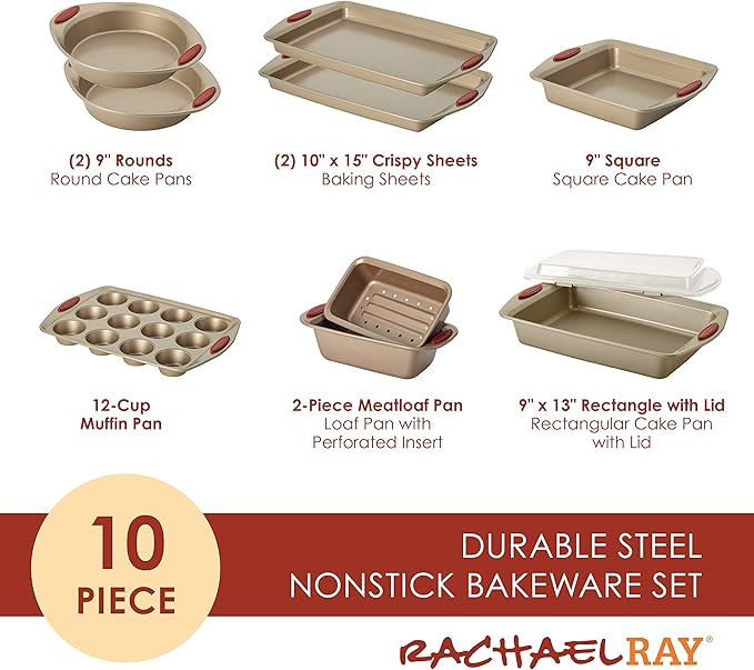 Rachael Ray Cucina Dishwasher Safe Hard Anodized Nonstick Cookware Pots and Pans Set, 12 Piece, Gray with Orange Handles & Cucina Nonstick Bakeware Set, 10 Piece, Latte Brown with Cranberry Red Grips