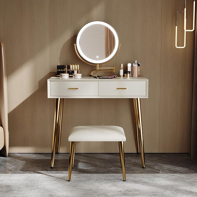IKuinen Makeup Vanity Desk with Mirror and Lights, Small Vanity Table with 2 Drawers, Stool, Vanity Set for Bedroom with Leather, 3 Lighting Modes - 31.5In Beige