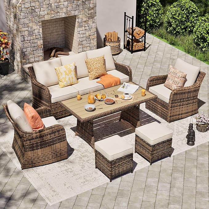 6 Pieces Outdoor Patio Furniture Set, Wicker Patio Conversation Set, Patio Sectional Furniture Set with 2 Single Chair and Sofa, 2 Ottomans and Dining Table (Brown)