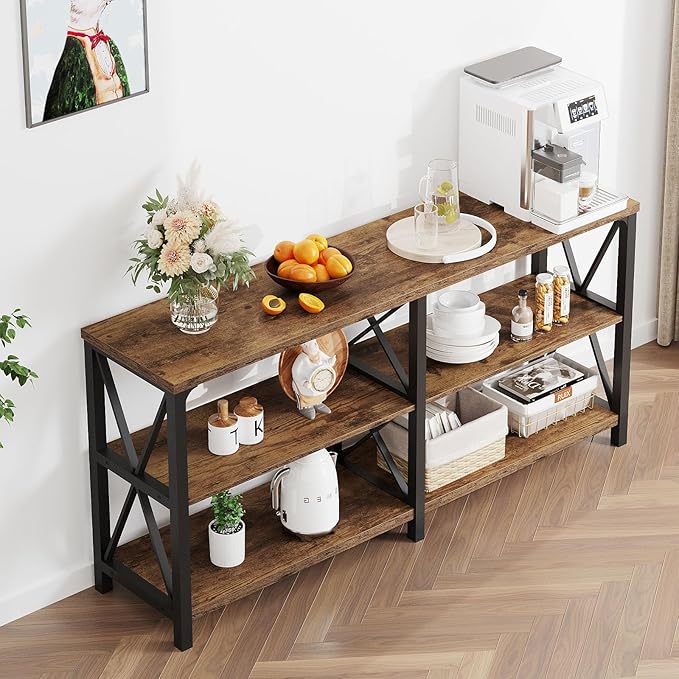 LVB Rustic Console Table, Industrial Wood Metal Sofa Table Behind Couch, Farmhouse Long Entryway Table with Storage Shelf, Large Wooden Foyer Hallway Table for Entry Living Room, Rustic Brown, 63 Inch