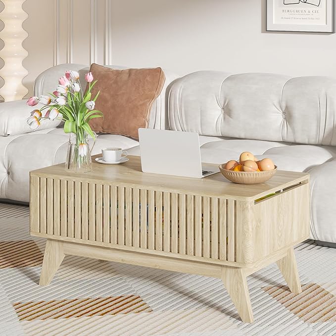 Lift Top Coffee Table with Hidden Compartment, Mid Century Modern Coffee Table for Living Room, Fluted Design Farmhouse Center Table with Storage (Wood, 35.4" W)