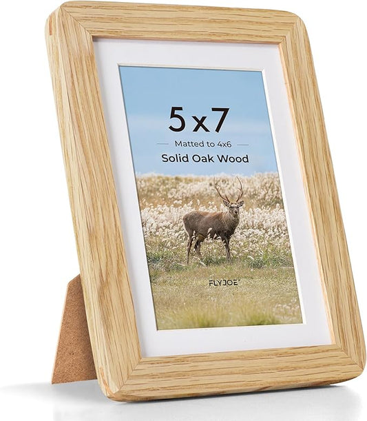 5x7 Picture Frame - Solid Oak Wood 5 x 7 Photo Frame, 5''x7'' Frame With Mat For 4x6, Tabletop and Wall Display, Hanging Hardware Included, 5 By 7 Picture Frame Wood, Natural Oak