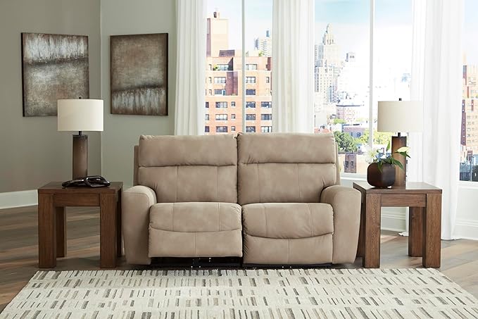 Signature Design by Ashley Next-Gen DuraPella Contemporary Faux Leather Modular Wall Hugger 2-Piece Power Reclining Sectional Loveseat with Adjustable Headrest and USB Ports, Light Brown