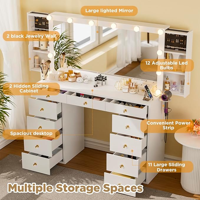 Likein Vanity Desk with Mirror and Lights, White Vanity with Hidden Jewelry Storage Cabinet, Charging Station, 11 Drawers Makeup Vanity with Lights, Crystal Knobs, 3 Color Lighting Modes for Girls