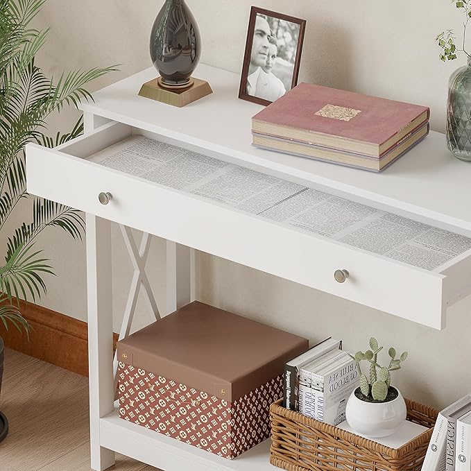 Treocho White Console Table with Drawer and Storage Shelves, Foyer Sofa Table Narrow for Entryway, Living Room, Hallway