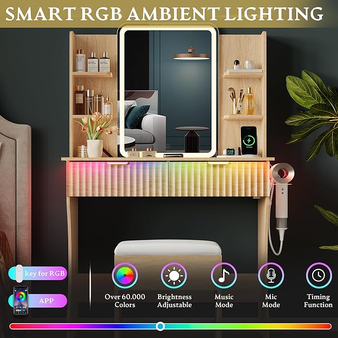 Vanity Desk with LED Lights Mirror & Power Outlet, Small Makeup Vanity Table Set with Storage Drawers & Chair, 3 Lighting Modes & Adjustable Brightness, Dressing Table for Women Girls Bedroom, Oak
