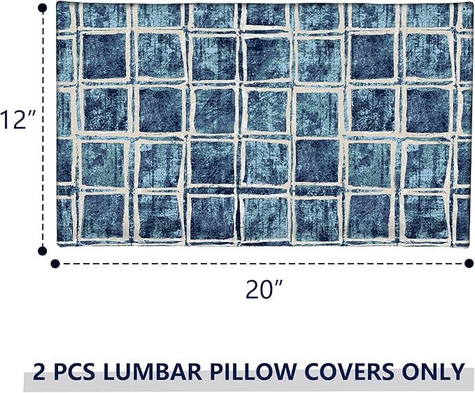 Outdoor Lumbar Pillow Covers 12”x20”, Rectangle Throw Pillow Covers for Patio Furniture, Decorative Lumbar Cushion Case for Garden Balcony Couch Office Chair, Pack of 2,Denim Blue Checkered