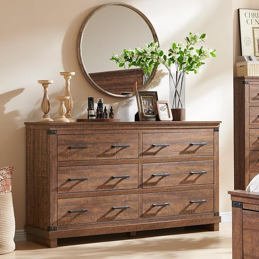 RedLemon Farmhouse 6 Drawers Dresser for Bedroom, Wood Large Chest of Drawers with Thick Plank Styling for Bedroom, Living Room, Reclaimed Barnwood