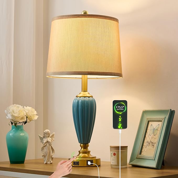 Living Room Table Lamp, 25.5" Touch Lamp for Nightstand with USB A+C Ports, Modern Farmhouse Table Lamps for Bedroom, Bulb Included