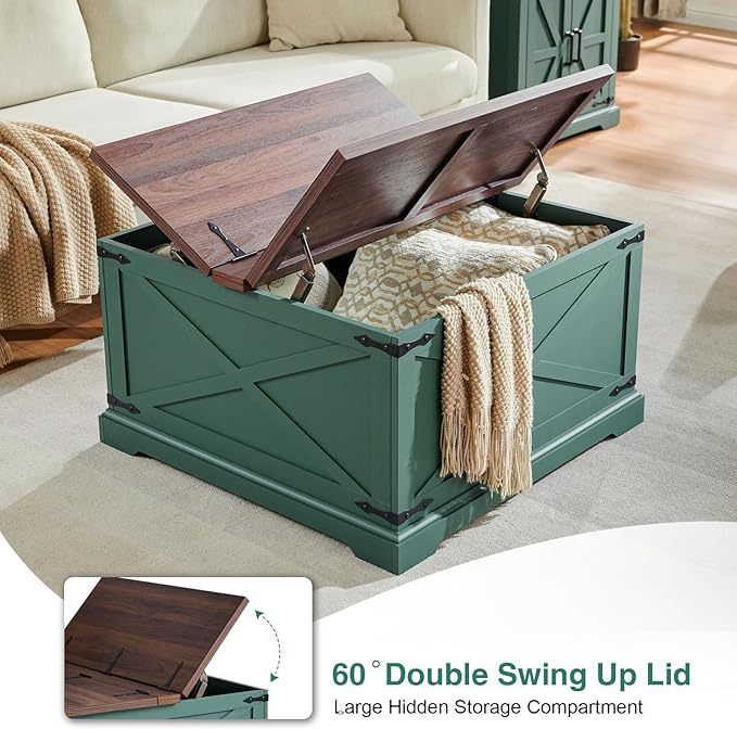 Farmhouse Square Coffee Table with Storage, Wood Center Table with Hinged Lift Top, Rustic Cocktail Table with Large Hidden Storage Compartment for Living Room, Bedroom,Green