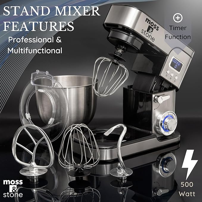 Moss & Stone Stand Mixer With Lcd Display, 6 Speed Electric Mixer With 5.5 Quart Stainless Steel Mixing Bowl, Kitchen Mixer With Dough Hook, Egg Whisk, Beater & Baking Spatula, Food Mixer With Timer