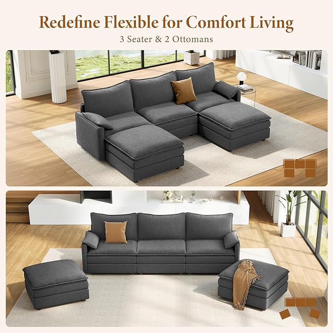 Vesgantti 108" U Shaped Sectional Couch, Comfy Cloud Modular Sectional Sofa with 2 Ottoman Deep Seat Chenille Modern Cloud Sofa, Modular Sofas for Living Room, Bedroom and Apartment, Gray