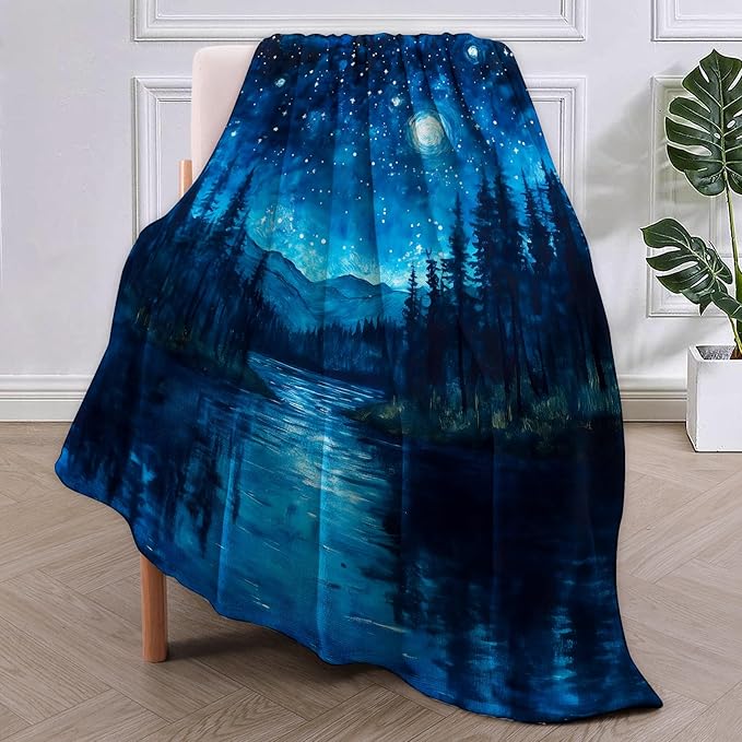 Starry Night Forest Flannel Blanket, Starry Night Gifts, Nature-Themed Blanket for Women, Soft Lightweight Throw Blankets for Bed Home Travel Decor 40" x 50"