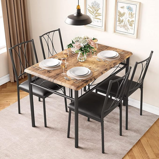 Dining Table Set for 4, Compact Kitchen Table with 4 Upholstered Chairs, 5-Piece Kitchen Table Set for Small Space, Dining Room, Apartment, Retro Brown