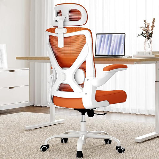 Ergonomic Office Chair - X-Shaped Computer Desk Chair Comfy, Gaming Chair, Office Chair with Lumbar Support, Mesh Office Chairs with Headrests, Desk Chair for Long Hours(White-Orange)