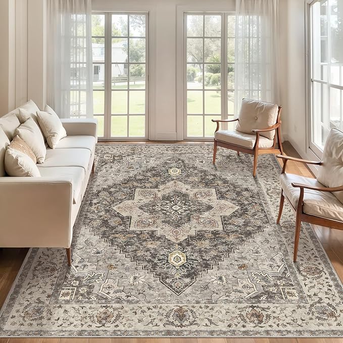 9x12 Vintage Area Rugs for Living Room, Washable Indoor Non Slip Large Area Rugs, Print Distressed Brown Carpet, Soft Low Pile Rug Foldable Floor Rug for Bedroom Dining Room Dorm