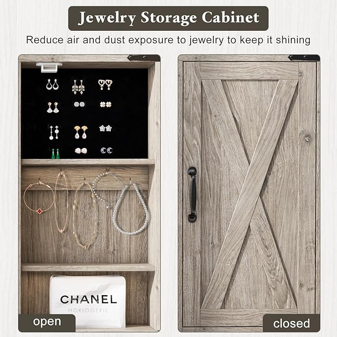 Farmhouse Makeup Vanity Desk with Sliding Mirror and Lights, 42" Glass Top Vanity Table with Charging Station & 4 Drawers & 2 Cabinets, Vintage Vanity Set for Bedroom, Driftwood Gray