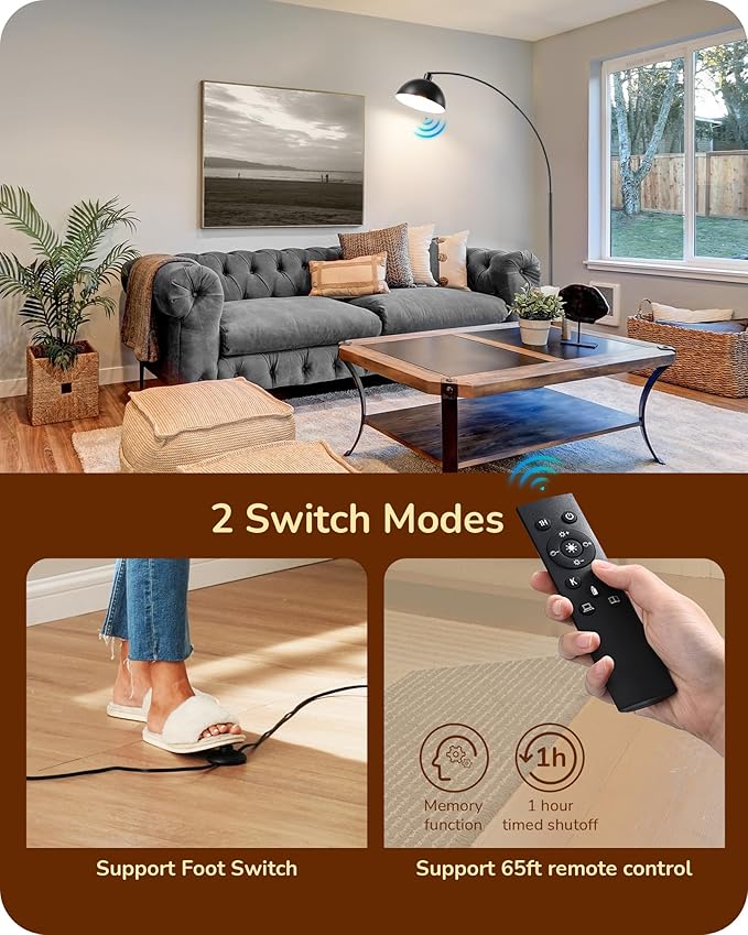 EDISHINE Modern Arc Floor Lamp, 78.3" Mid Century Reading Lamps Over Chair with Remote & Foot Switch, Rotatable Lamp Head, Metal Floor Lamp for Bedroom, Office, Living Room, Dining Room, Black