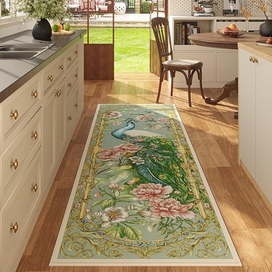 Runner Rug for Kitchen 2'6"x8' Washable Rugs with Rubber Backing Soft Floral Peacock Floral Animal Carpet Runner for Kitchen, Laundry, Bedroom, Bathroom (Mint Turquoise)