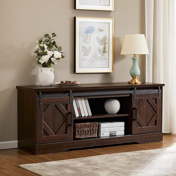 WAMPAT Modern Farmhouse TV Stand for TVs up to 65 inch with Sliding Barn Door,Wood Entertainment Center with Adjustable Media Storage Shelf for Living Room, Rustic Brown