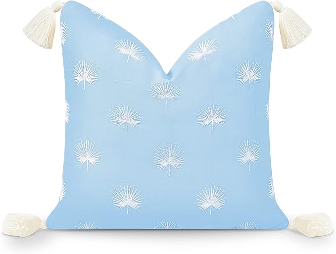 Hofdeco Premium Coastal Hampton Style Patio Indoor Outdoor Throw Pillow Cover Only, 18"x18" Water Repellent Summer for Backyard, Couch, Baby Blue Embroidered Palm Leaf Tassel