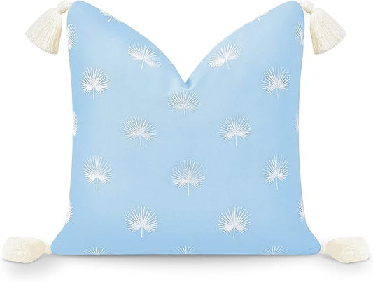 Hofdeco Premium Coastal Hampton Style Patio Indoor Outdoor Throw Pillow Cover Only, 18"x18" Water Repellent Summer for Backyard, Couch, Baby Blue Embroidered Palm Leaf Tassel